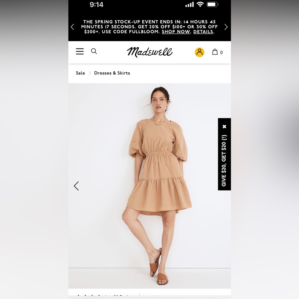 NWT! Madewell Puff Sleeve Cut out Mini Dress, Size Medium